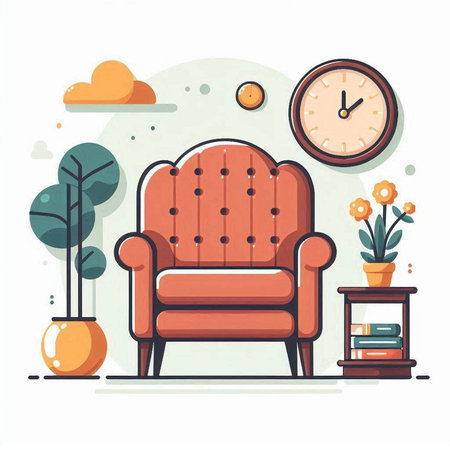 Vector illustration of living room with armchair, clock and plants.のイラスト素材