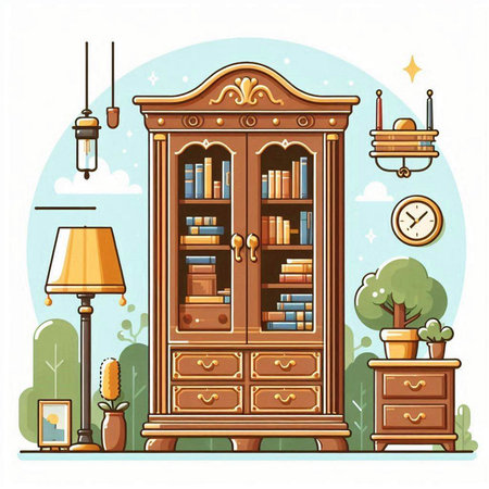 Bookcase with books and lamps. Vector illustration in flat style.のイラスト素材