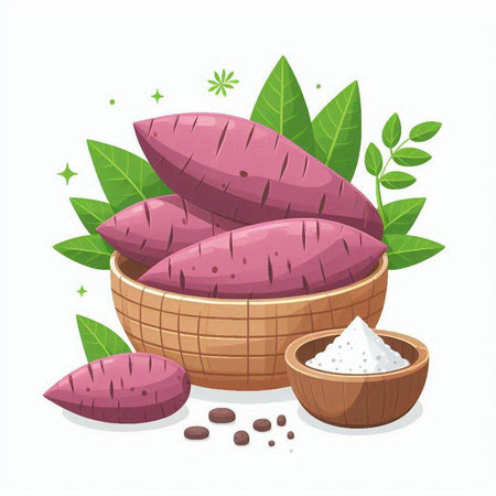 Sweet potatoes in a basket. Vector illustration. Isolated on white background.のイラスト素材
