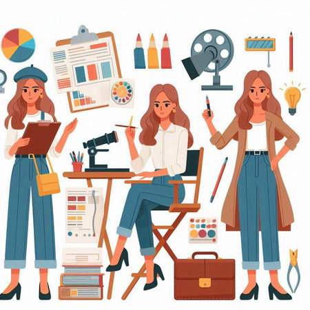 Vector illustration of female fashion designer working at her desk in office.のイラスト素材