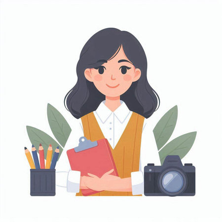 Business woman with camera and notebook. Vector illustration in cartoon style.のイラスト素材