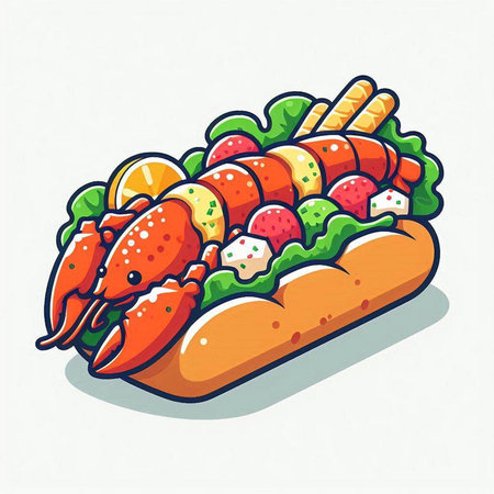 Illustration of a hot dog with crab and vegetables. Vector illustration.のイラスト素材