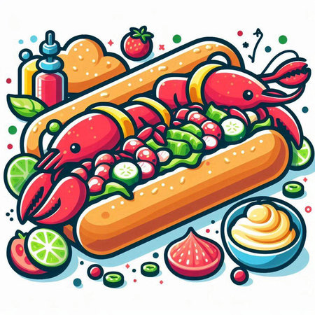 Illustration of a hot dog with vegetables and mayonnaise.のイラスト素材