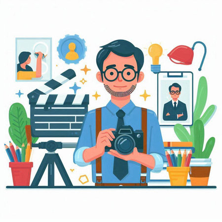 Cinema director with camera. Vector illustration in flat cartoon styleのイラスト素材