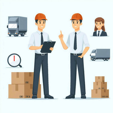 Warehouse staff character in uniform and helmet with clipboard vector illustration.のイラスト素材