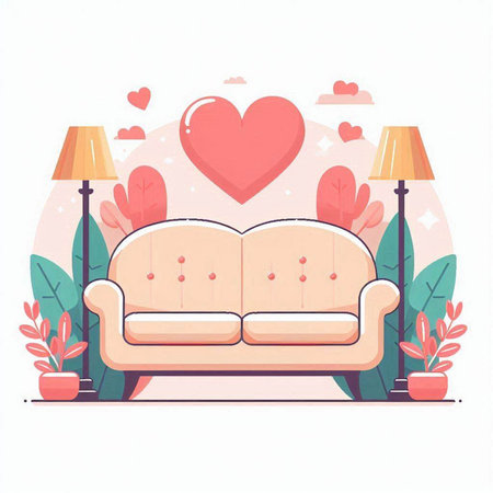 Vector illustration of a cozy living room with a sofa, a lamp and a heart.のイラスト素材
