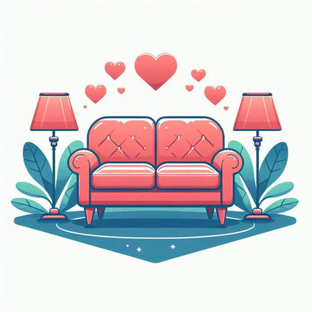 Vector illustration of cozy living room with sofa, lamp and hearts.のイラスト素材