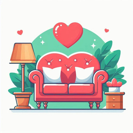 Valentine's Day greeting card with red sofa and heart. Vector illustrationのイラスト素材