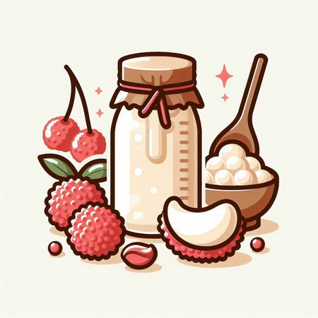 Illustration of a jar of yogurt and a wooden spoon with fruitsのイラスト素材