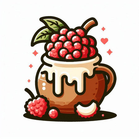 Ceramic pot with raspberries and cream. Vector illustration.のイラスト素材