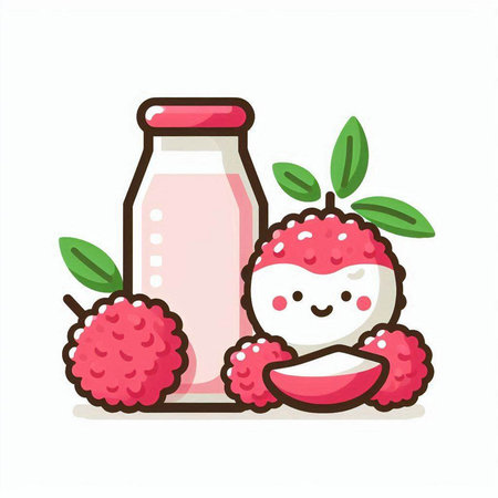 Lychee fruit and milk in a bottle. Vector illustration.のイラスト素材