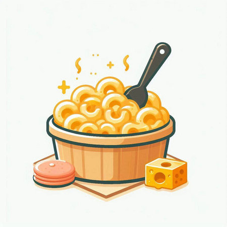 Illustration of macaroni in a bowl with cheese and cookieのイラスト素材