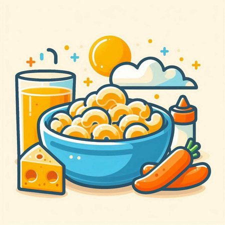 Vector illustration of a bowl of macaroni with cheese, carrot and orange juiceのイラスト素材