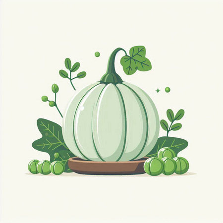 Pumpkin with green leaves. Vector illustration on white background.のイラスト素材