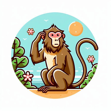 Monkey sitting on the beach. Vector illustration in cartoon style.のイラスト素材