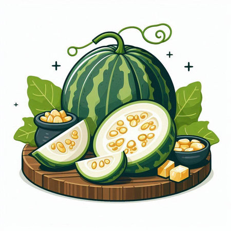 Watermelon on a wooden board. Vector illustration in cartoon style.のイラスト素材