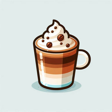 Coffee cup with whipped cream and coffee beans. Vector illustration.のイラスト素材