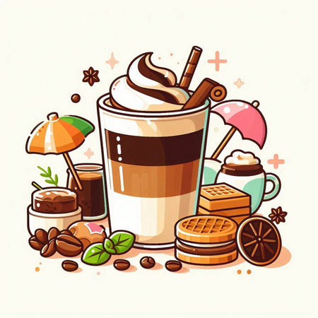 Coffee and sweets in cartoon style. Vector illustration for your designのイラスト素材