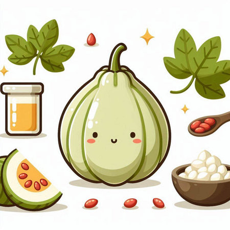 Kawaii pumpkin character with healthy food. Cartoon vector illustration.のイラスト素材