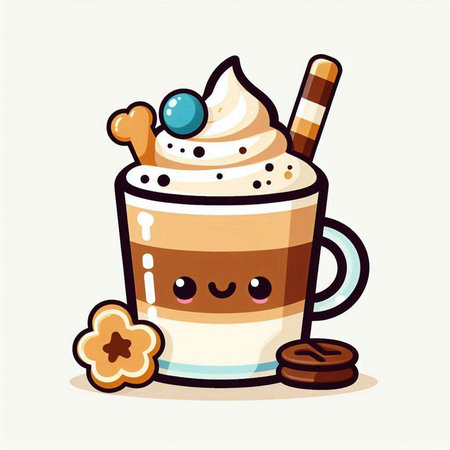 Cute cartoon illustration of coffee latte with whipped cream, ice cream and cookiesのイラスト素材
