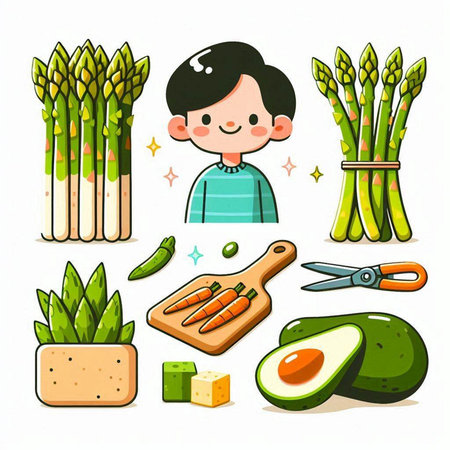 Cartoon boy with asparagus and vegetables. Vector illustration.のイラスト素材