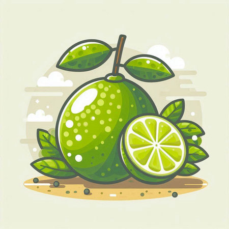 Lime fruit with leaves and slices. Vector illustration in cartoon style.のイラスト素材