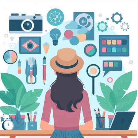 Young woman working at the office. Vector illustration. Flat style.のイラスト素材