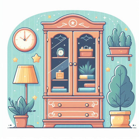 Cabinet with books, clock, lamps and plants. Vector illustration.のイラスト素材