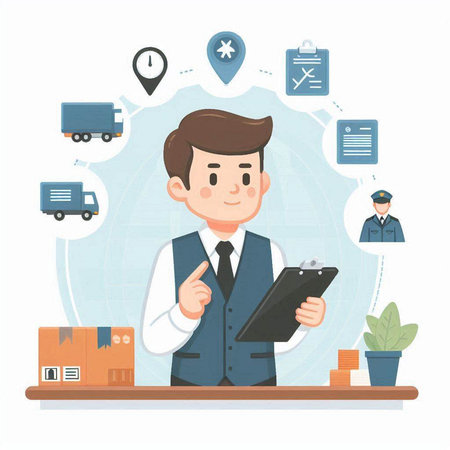 Logistics and delivery service. Man with clipboard. Vector illustration.のイラスト素材