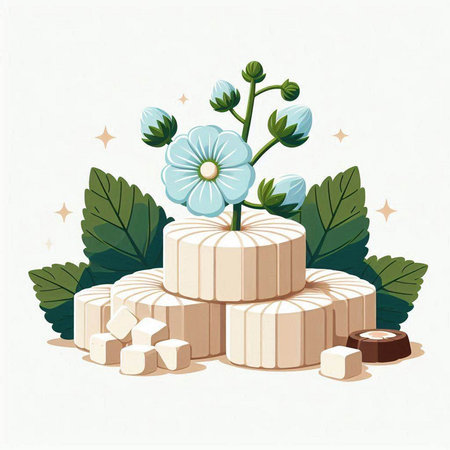Vector illustration of a stack of sugar cubes with flowers and leaves.のイラスト素材