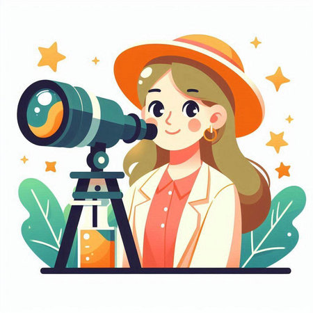 Vector illustration of a girl in a hat looking through a telescope.のイラスト素材