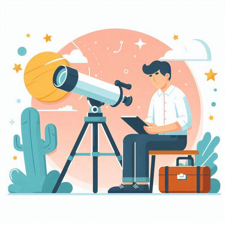 Businessman looking through telescope. Vector illustration in flat cartoon style.のイラスト素材