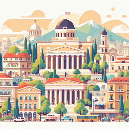 Cityscape of Athens, Greece. Vector illustration in flat style.のイラスト素材