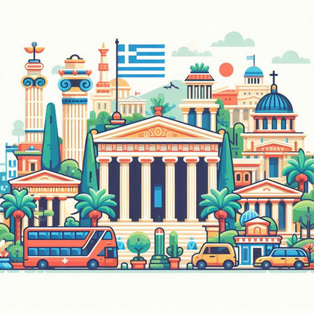Cityscape with famous landmarks. Vector illustration in flat cartoon style.のイラスト素材