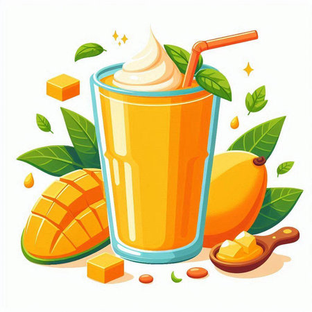 Mango smoothie in a glass with a straw. Vector illustration.のイラスト素材