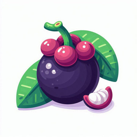 Mangosteen fruit with leaves and berries. Vector illustration.のイラスト素材