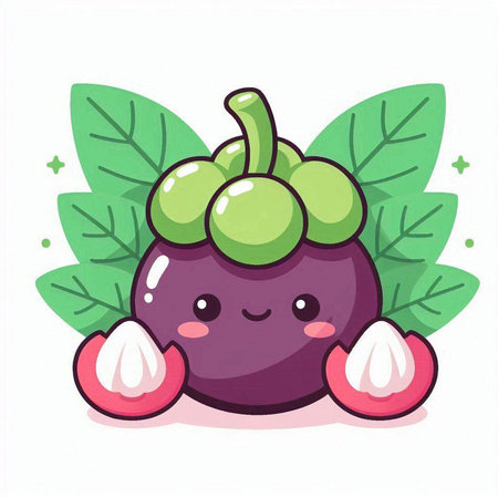 Cute mangosteen fruit with leaves on white background. Vector illustration.のイラスト素材