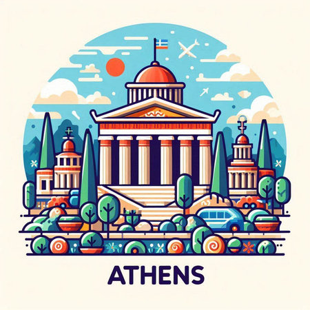 Athens, Greece. Vector illustration in flat style with famous landmarks and symbols.のイラスト素材