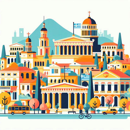 Vector illustration of the city landscape with buildings, roads and trees.のイラスト素材
