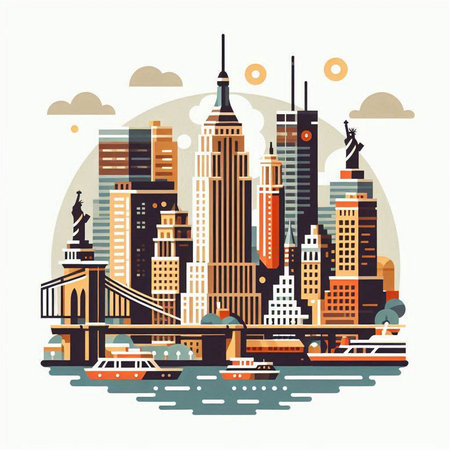 New York City skyline. Vector illustration in flat style. Cityscape.のイラスト素材