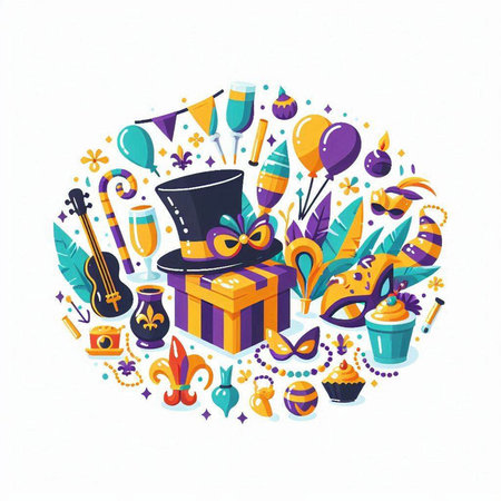 Vector flat illustration of carnival party elements in circle shape. Colorful carnival elements on white background.のイラスト素材