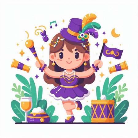 Cute cartoon girl in carnival costume playing the drum. Vector illustrationのイラスト素材
