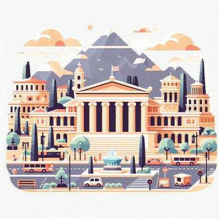 Cityscape of Athens, Greece. Vector illustration in flat style.のイラスト素材