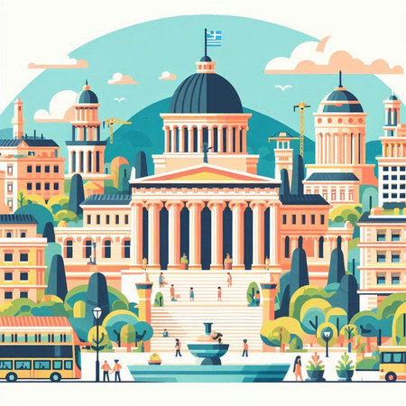 Cityscape with landmarks. Vector illustration in flat style. Colorful background.のイラスト素材