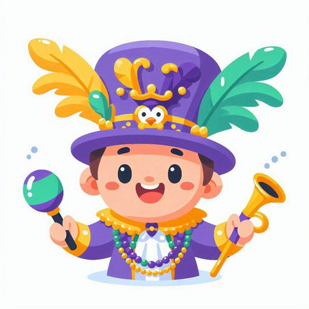 Cute little boy in carnival costume with maracas and feathers. Vector illustrationのイラスト素材
