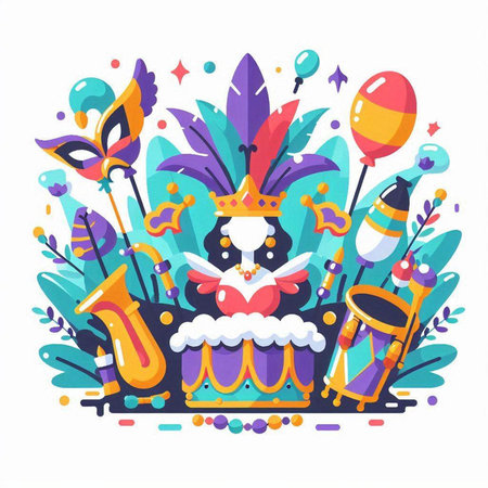 Carnival vector illustration with colorful carnival maskscas and feathers.のイラスト素材