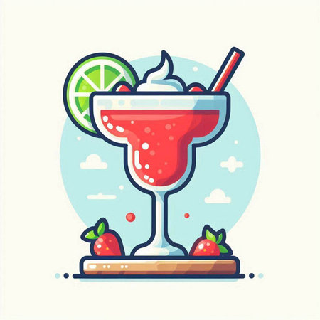 Cocktail with lime and strawberry. Colorful flat vector illustration.のイラスト素材