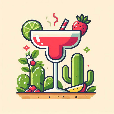 Cocktail with lime, strawberry and cactus. Vector illustrationのイラスト素材