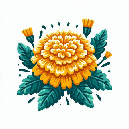 Vector illustration of yellow chrysanthemum flower with green leaves.のイラスト素材