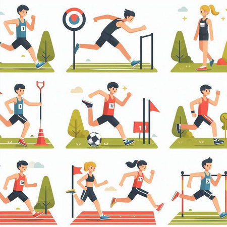 Athletics and running sport icons set. Vector illustration in flat styleのイラスト素材